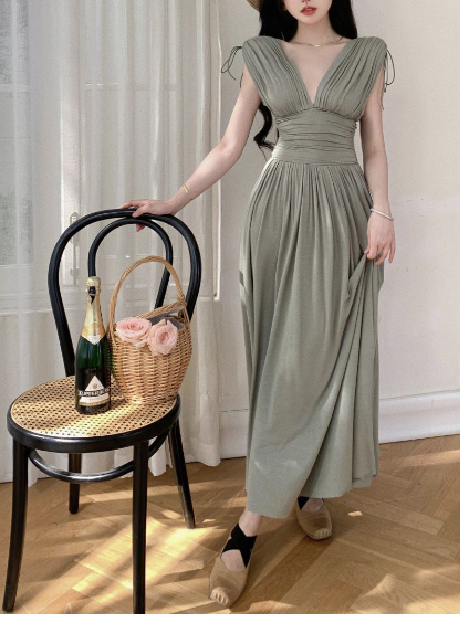 French Retro Pleated Midi Dress