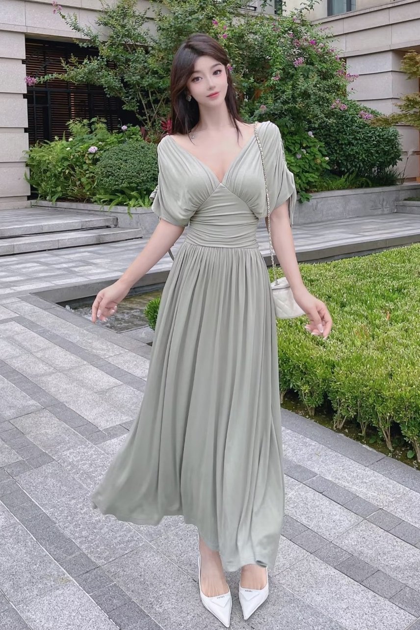 French Retro Pleated Midi Dress