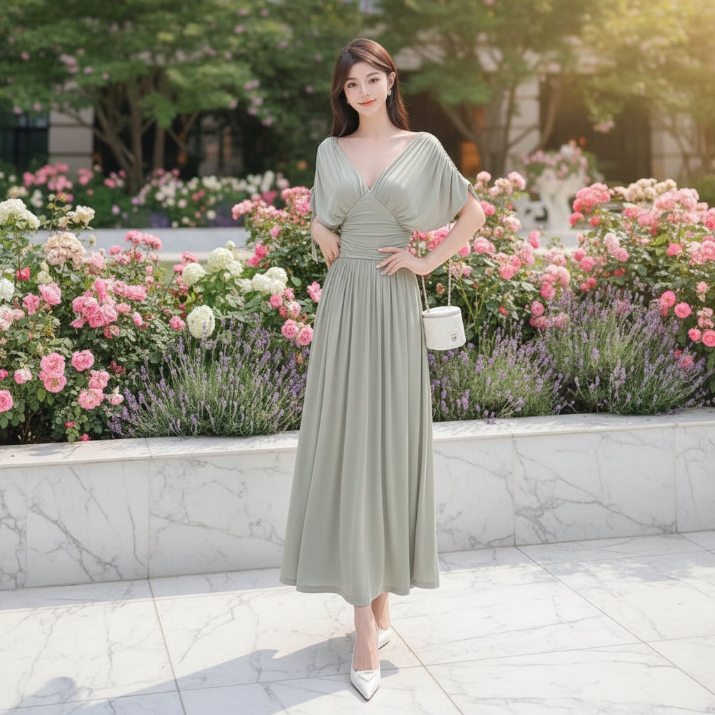 French Retro Pleated Midi Dress