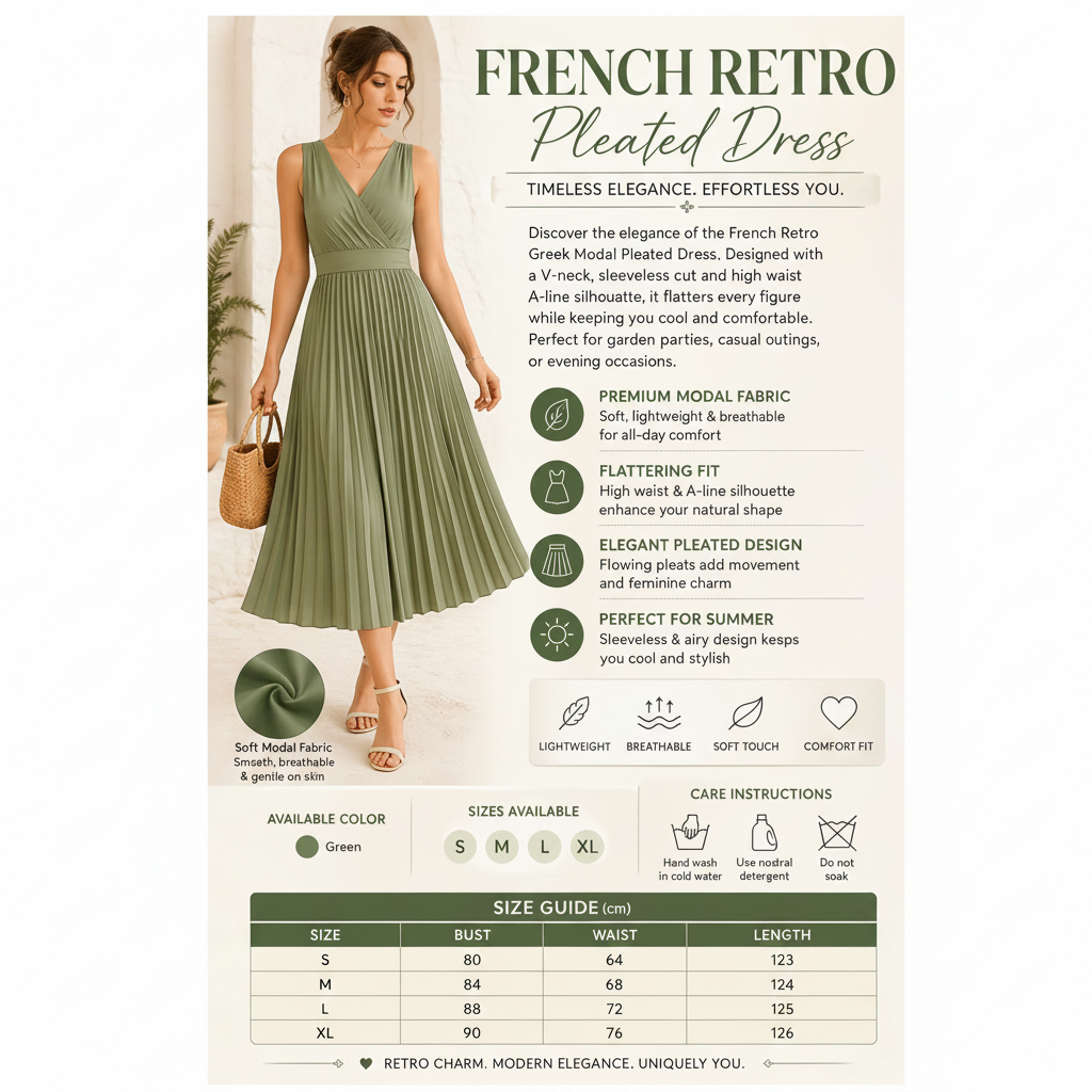 French Retro Pleated Midi Dress
